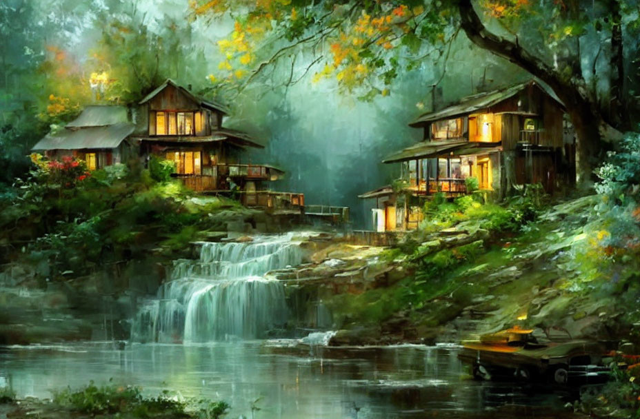 Rustic houses by waterfall in lush greenery with warm lights