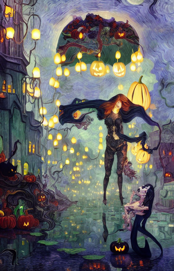 Whimsical Halloween illustration with floating pumpkins & fantastical figures