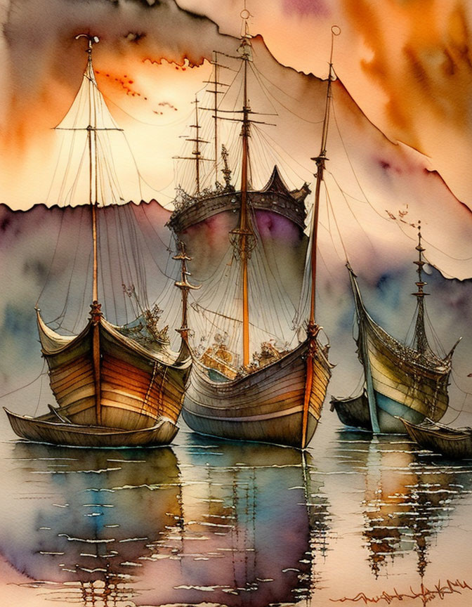 Three old sailing ships on calm waters under warm, cloudy sky - watercolor style