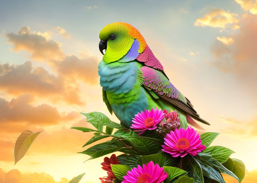 Colorful Parrot on Green Foliage with Pink Flowers at Sunset