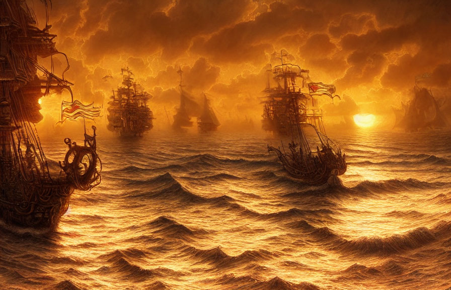 Tall ships sail golden seas under dramatic amber sky