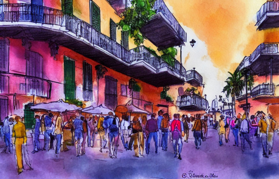 Vibrant watercolor painting of twilight street scene with people, buildings, and colorful sky