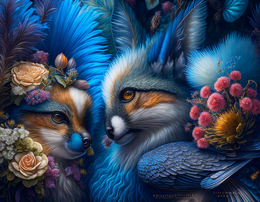 Vividly colored foxes with feathers and floral adornments on dark background