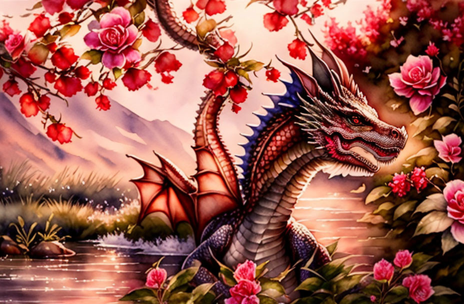 Dragon in blooming rose garden with river and mountains in mystical landscape