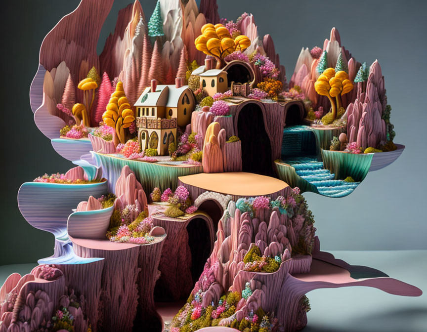 Pastel-colored rock formations in whimsical landscape