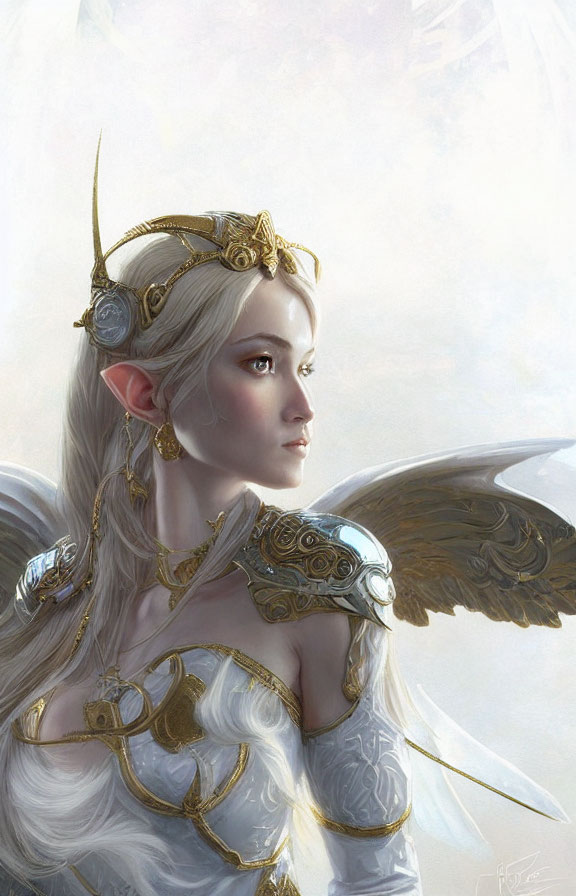 Ethereal elven character with golden circlet, white hair, armor, and wings