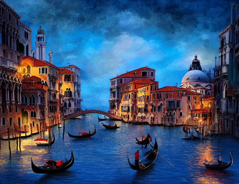 Venice painting: Gondolas on Grand Canal with historical buildings under dramatic sky