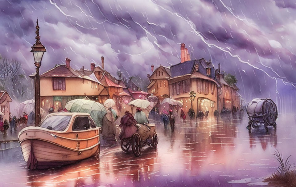 Old-town street rainstorm with umbrellas, carriages, boat, lightning.