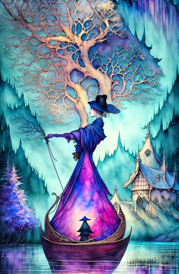 Illustration of cloaked figure in boat with staff, magical tree, colorful houses