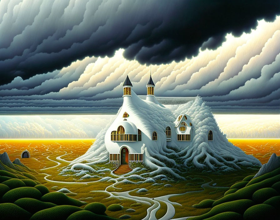 Surreal landscape with white house, green hills, and dramatic sky