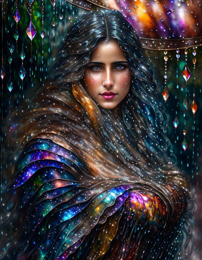 Mystical woman with galaxy hair in cosmic cloak among crystals and stars