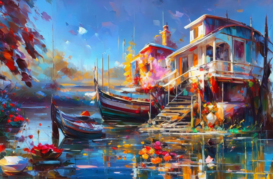 Vibrant Impressionistic Waterside Painting with House, Boats & Flowers