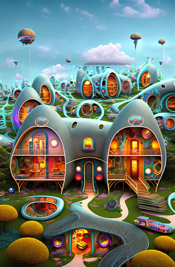 Vibrant digital artwork: futuristic landscape with organic buildings