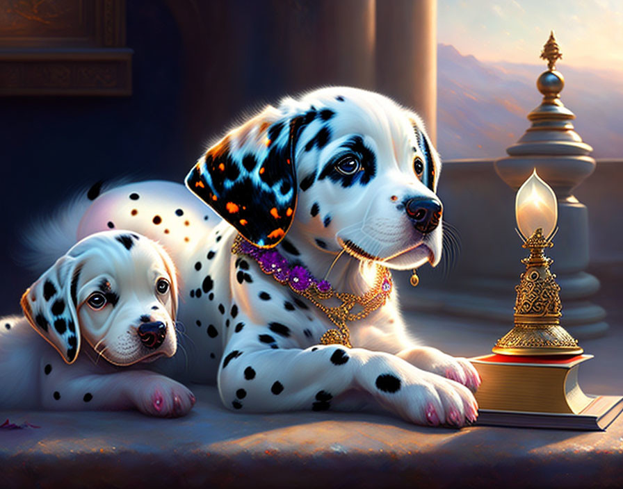 Two Dalmatian puppies with jewelry beside ornate lamp in warm dusk light