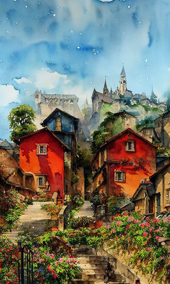 Colorful Watercolor Painting of Quaint Village Street