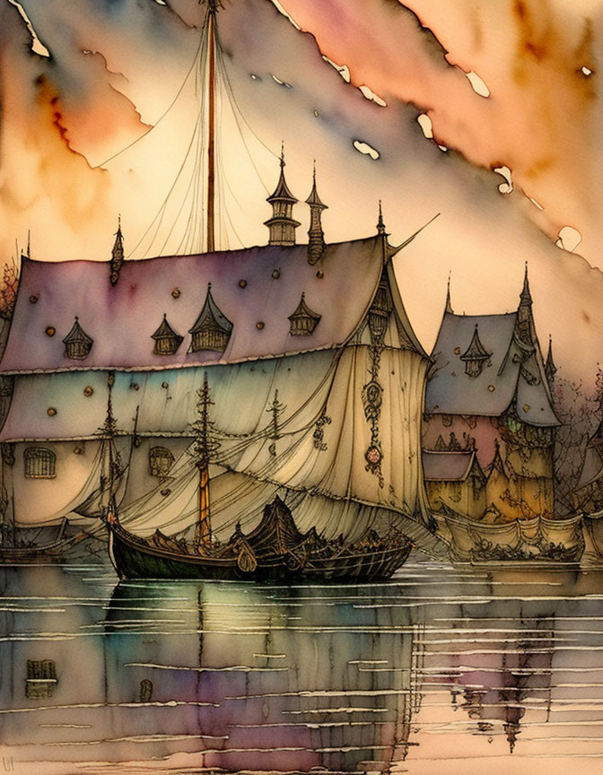 Stylized painting of old ship by dock with intricate buildings and cloudy sky