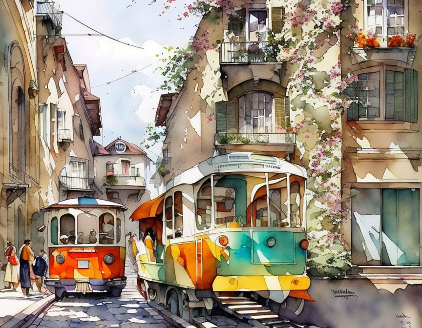 Vibrant watercolor painting of vintage trams on city street