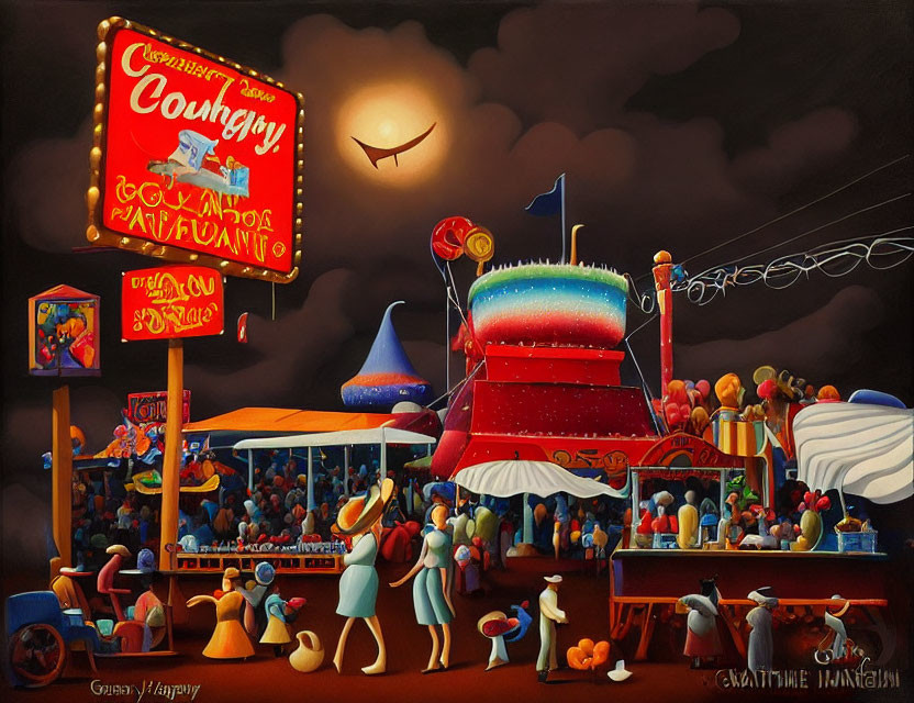 Colorful night carnival with cowboy sign, bustling crowds, and whimsical sky toys.