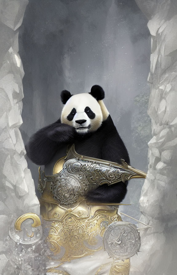 Panda warrior in ornate armor with horn in misty rocky backdrop