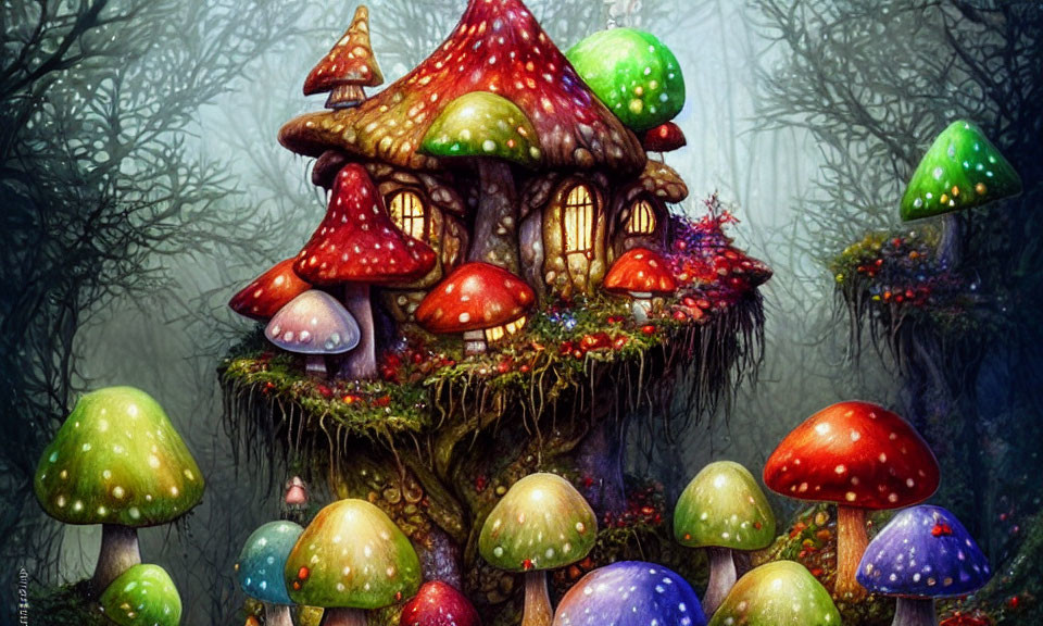 Colorful Mushroom House Surrounded by Oversized Mushrooms in a Mystical Forest