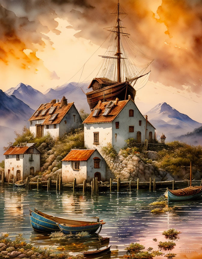 Whimsical painting of ship on coastal houses with boats and mountains under cloudy sky