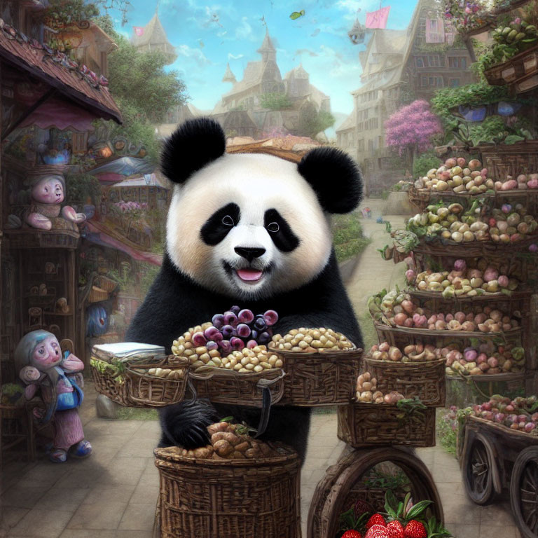 Illustration of giant panda selling fruits in enchanted village