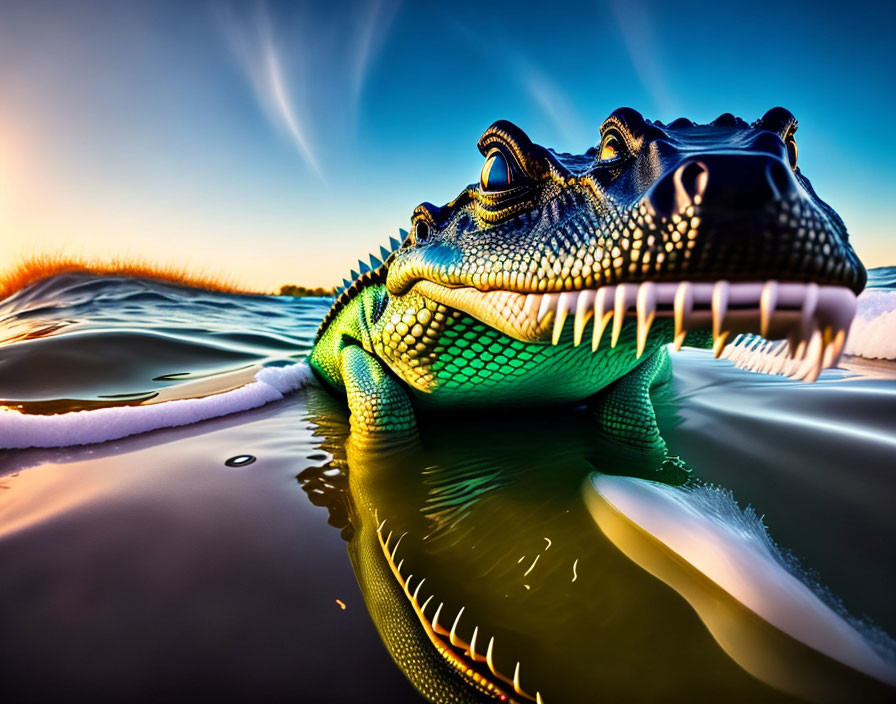 Close-Up Crocodile Head Emerging from Water at Dusk