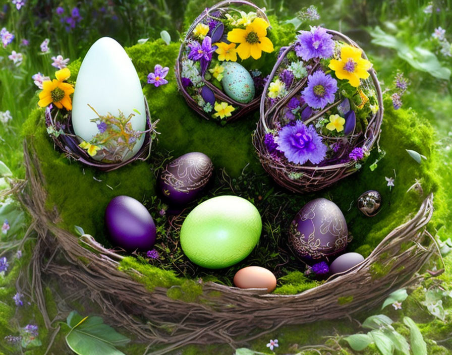 Colorful Easter arrangement with decorated eggs, flowers, and greenery in a bird's nest