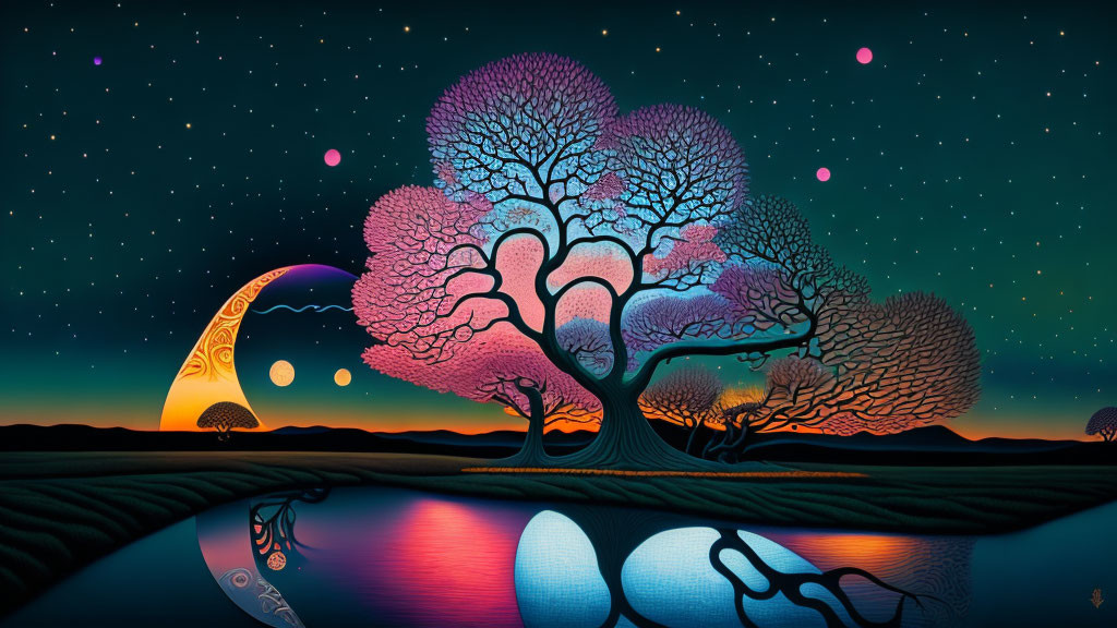 Colorful Stylized Landscape with Surreal Tree and Crescent Moon