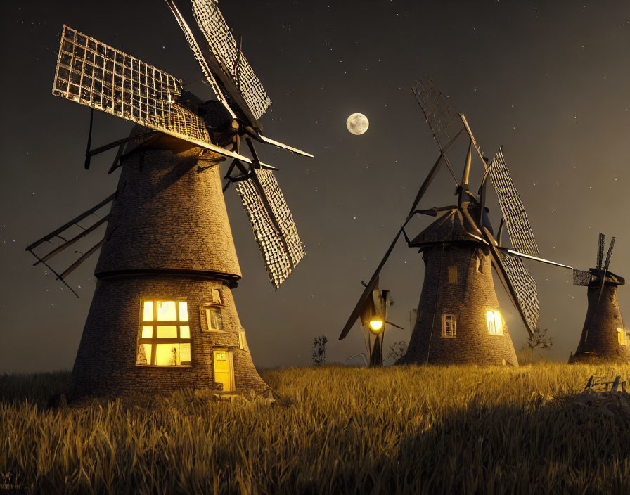 Night scene of three illuminated windmills in moonlit field