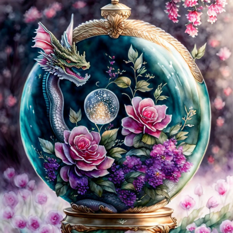 Dragon-themed illustration with mirror, orb, flowers, and foliage