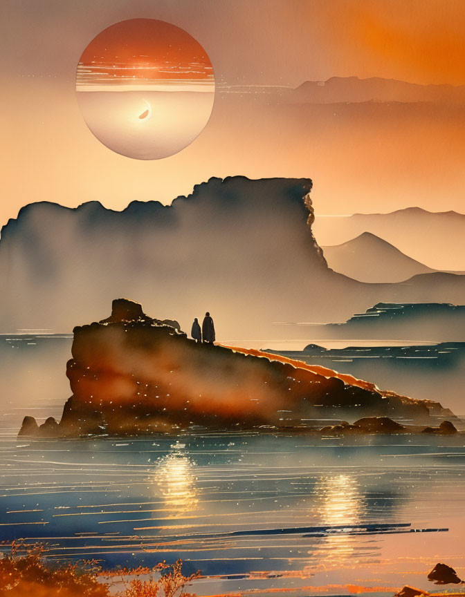 Tranquil sunset scene with red sun, silhouetted figures, and layered mountains