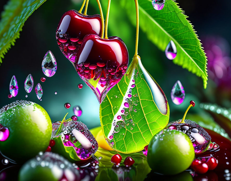 Colorful digital artwork featuring cherries, green apples, water droplets, and leaves.