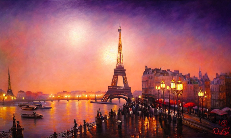 Vibrant painting of Eiffel Tower at dusk with Seine River reflections