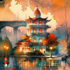 Illustration of colorful twilight village by river with treehouse, bridge, cozy houses, and person.