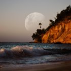 Tranquil riverbank scene with old wooden boat, blooming flowers, full moon, and flying