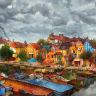 Vibrant village puzzle with colorful trees, river reflection, and transitioning sky.