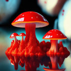 Vibrant glass-like mushrooms with water droplets on blurred red leaf background