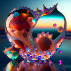 Colorful Digital Art: Fractal Glass Nautilus Shell in Sunset Setting