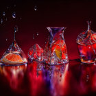 Vibrant red poppy flowers with water droplets on dark reflective background