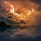 Lighthouse on rocky cliff with stormy sky and crashing waves