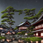 Traditional village scene: cobblestone paths, lush greenery, glowing lights, full moon, gentle