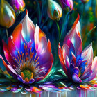 Colorful digital art: droplet-covered leaves/petals on bokeh background