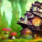 Fantasy-style house resembling a crooked tree in misty forest