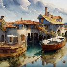 Whimsical village on water with round-roofed houses and wooden boat