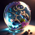 Colorful Butterflies in Luminous Glass Sphere with Gold Designs