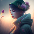 Digital artwork: Serene woman in colorful cloak with floral hood, pastel flora backdrop