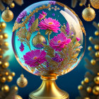 Twin dragons and vibrant flowers in clear sphere on ornate stand