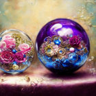 Ornate glass spheres with floral designs on soft surface among blooming flowers