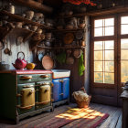 Sunlit kitchen corner with old-fashioned stove and colorful flowers